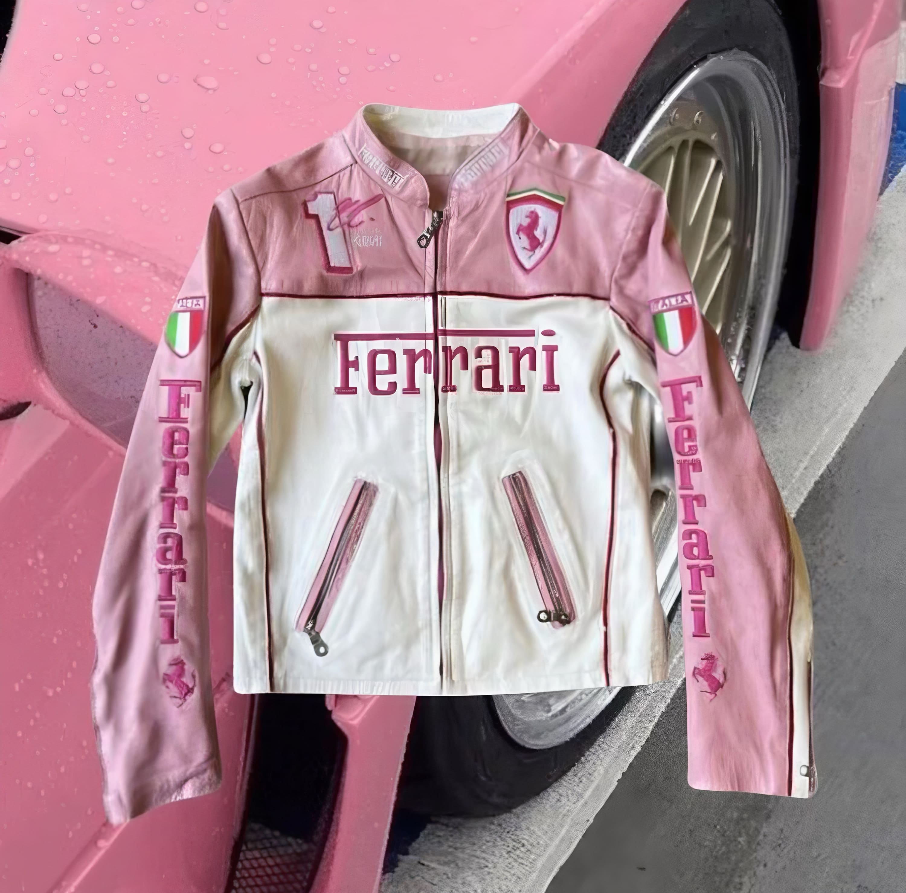 Jaqueta FERRARI F1 Vintage Couro Rosa e Branco